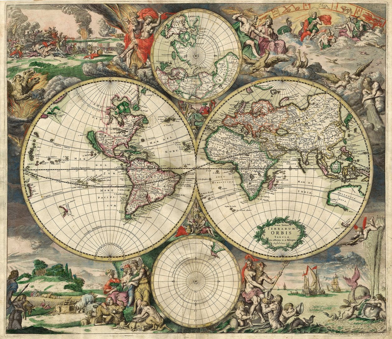 Terrarum Orbis Tabula efter G. a Schagen. Pub. C. 1689 (handfärgad gravyr) av Dutch School