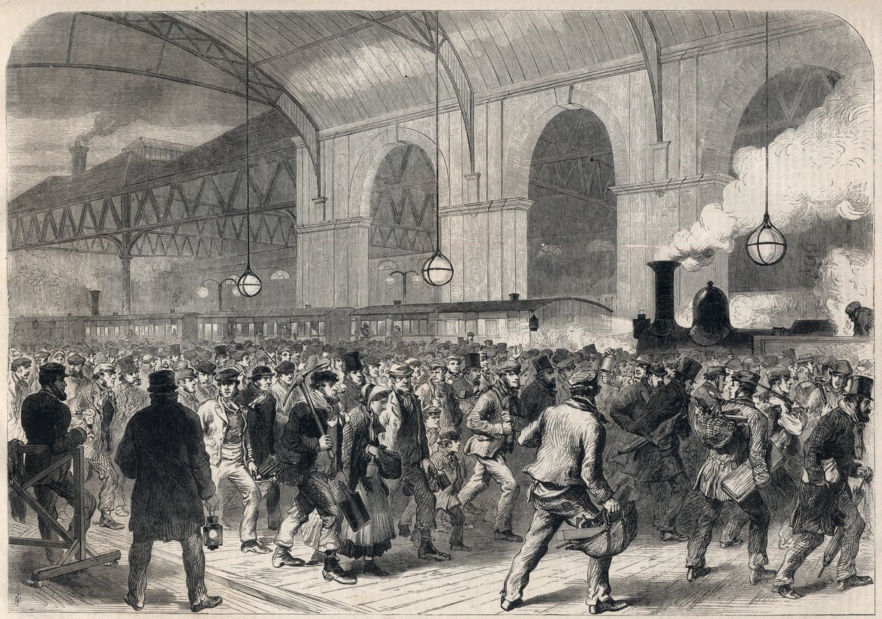 Ankomst av workmens penny-tåget till Victoria Station i London. av English School