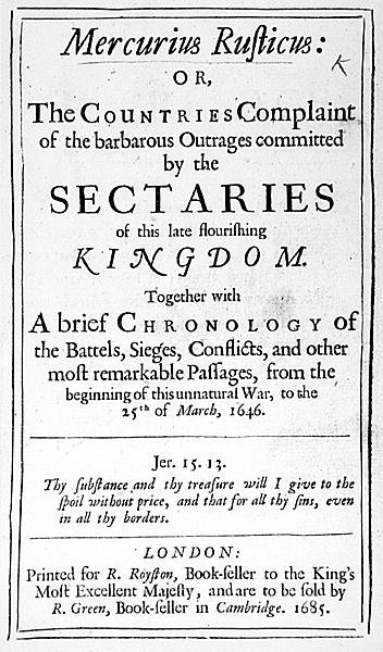 Första sidan från Mercurius Rusticus, publicerad 1685 av English School