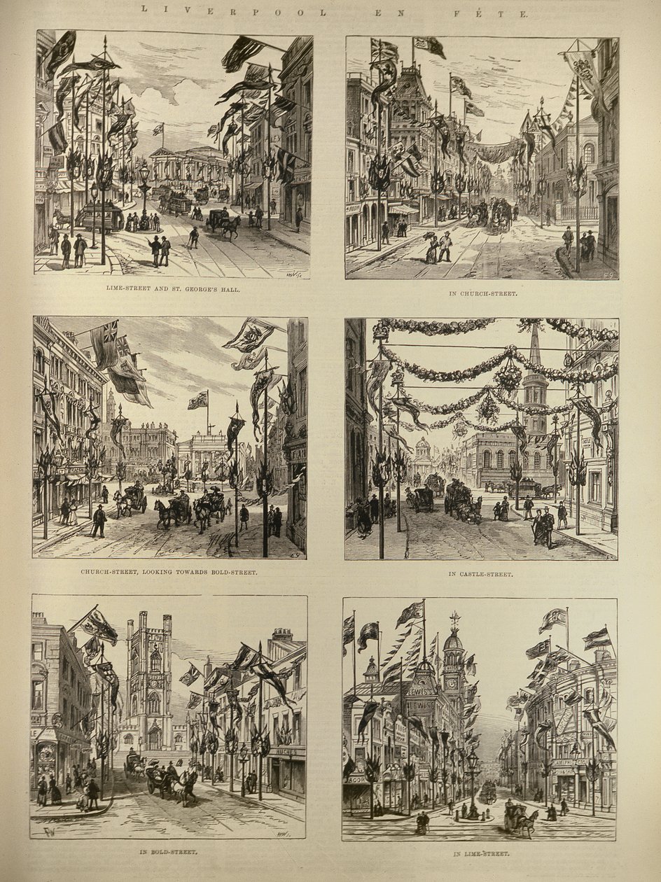 Liverpool en Fete: Lime Street och St. Georges Hall; Kyrkgatan; Slottsgatan; Bold Street, från The Illustrated London News, 15 maj 1886 av English School