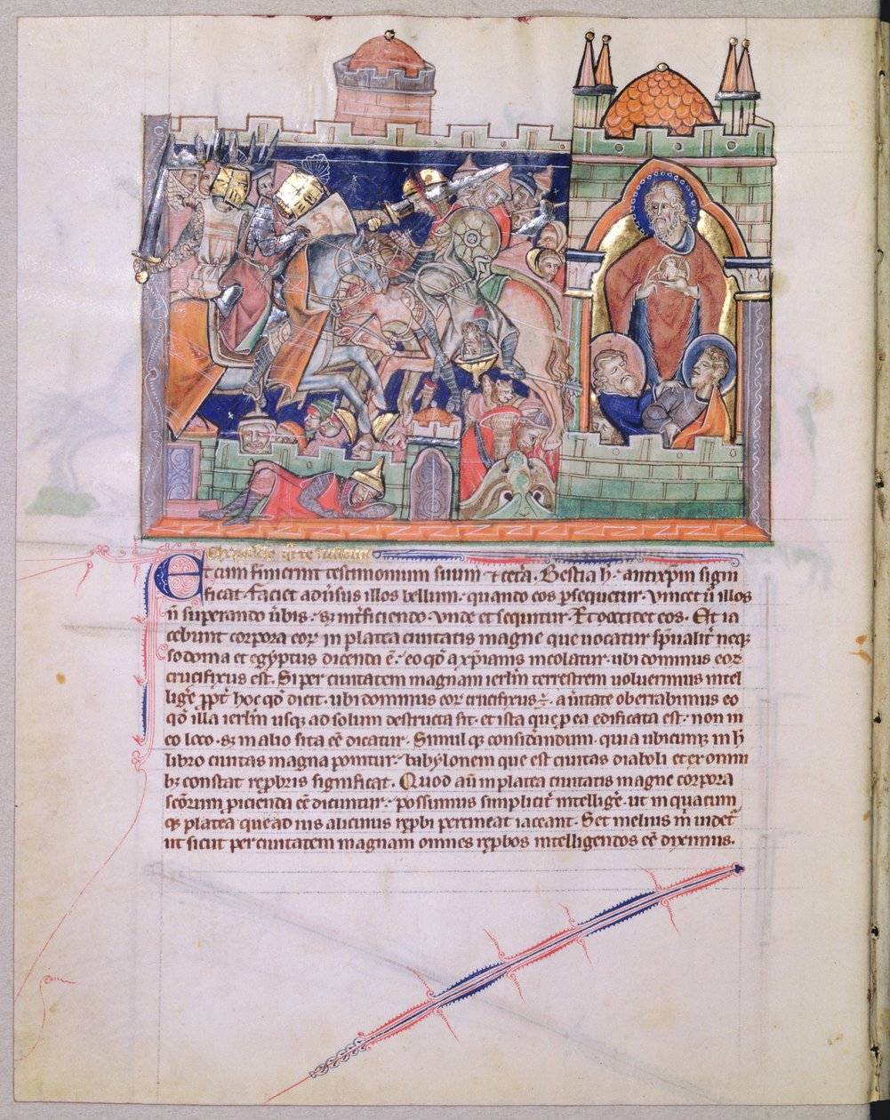 Ms L.A. 139-Lisboa fol. 26v Guds tempel bevaras medan nationernas armé härjar domstolen i 42 månader, från Gulbenkian Apocalypse, c.1265-70 av English School