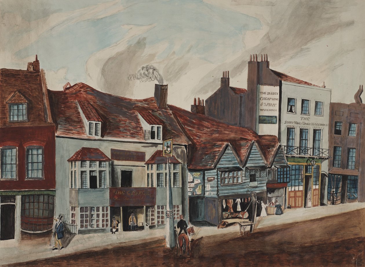 Vy över Newington Butts, Southwark med George Tavern och butiksfasader, ca 1825 (wc på papper) av English School