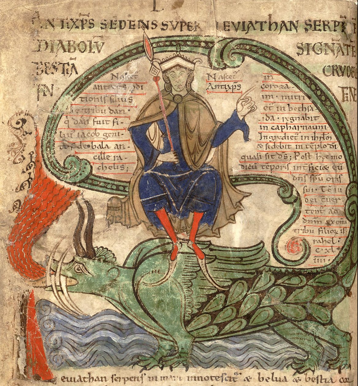 Antikrist sittande på en Leviathan från Liber Floridus av Lambert de Saint-Omer, 1120 av Flemish School