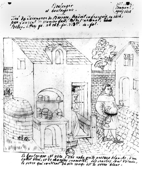 Baker and Bakery, ritad efter en originalbelysning för en fransk översättning av Decameron av Boccaccio (1313-75) gjord 1414 (penna och bläck på papper) av French School