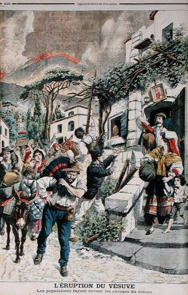 Vesuvius utbrott, människor som flyr från vulkanen, illustration från Le Petit Journal, 22 april 1906 av French School
