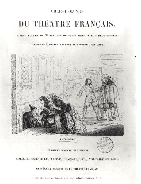 Frontispice för Chefs dOeuvre du Theatre Francais med en illustration till The Litigants av Jean Racine (1639-99) av French School