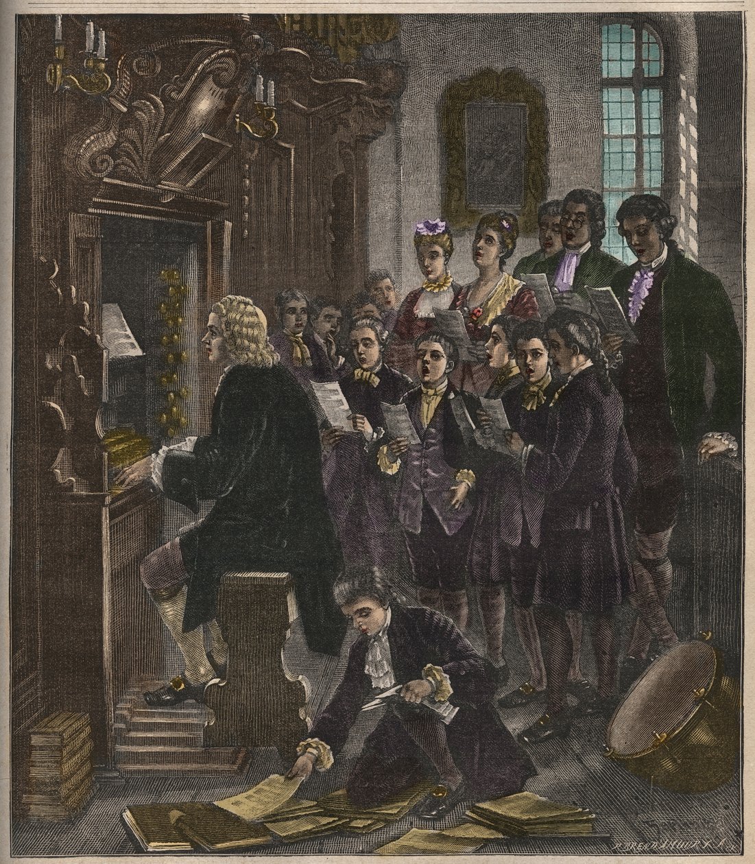 Johann Sebastian Bach spelar orgel vid St Thomas School, Leipzig, illustration från La musique populaire, 1882 av French School