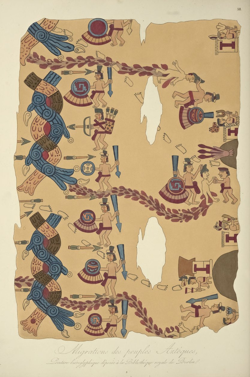 Migration of the Aztec Peoples, hieroglyfisk målning bevarad på Kungliga biblioteket, Berlin, illustration från Views of the Cordilleras and Monuments of the Ursprungsbefolkning i Amerika av Alexander von Hum av French School