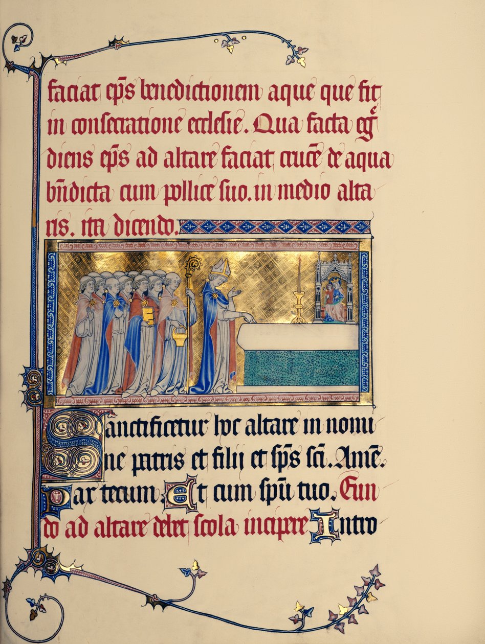 Ms 298 f.30r Dedication of a Church, från Metz Pontifical, c.1302-16 (bladguld & tempera på pergament) av French School
