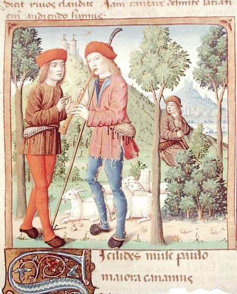 Ms 493 fol.8r A Meeting between Shepherds, från Les Bucoliques av Virgil med kommentar av Servius, 1469 av French School