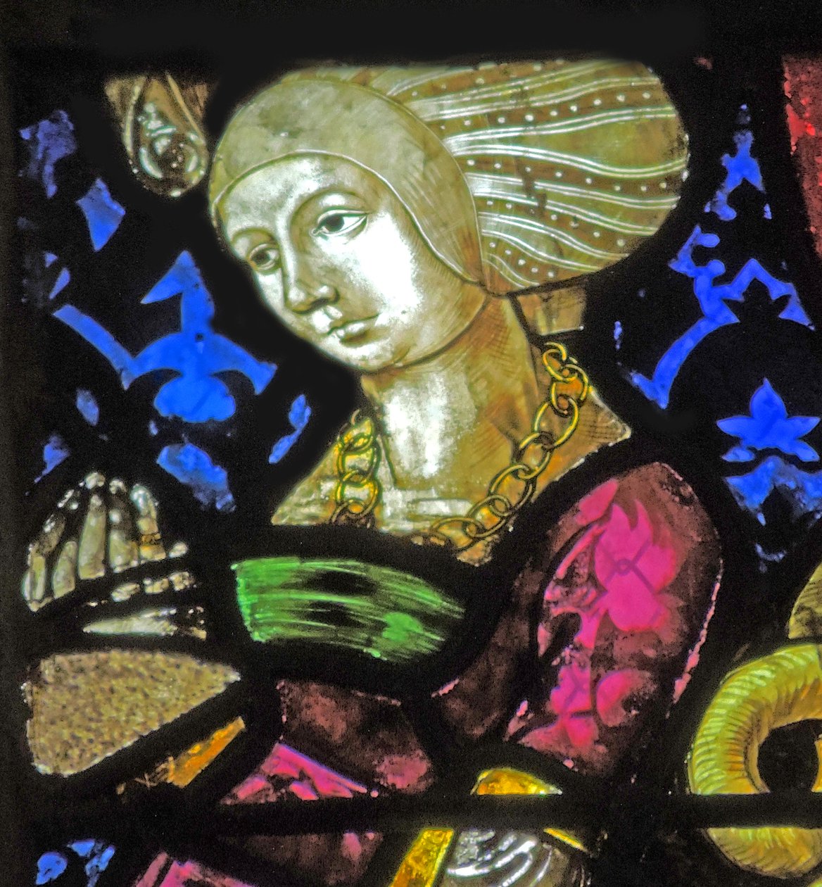 Fönster som visar donatorn Margaret de Neufchatel av French School