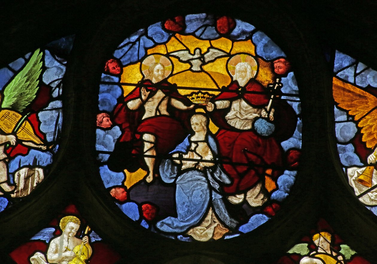 Fönster som visar Jungfruns kröning av treenigheten, c.1495 av French School