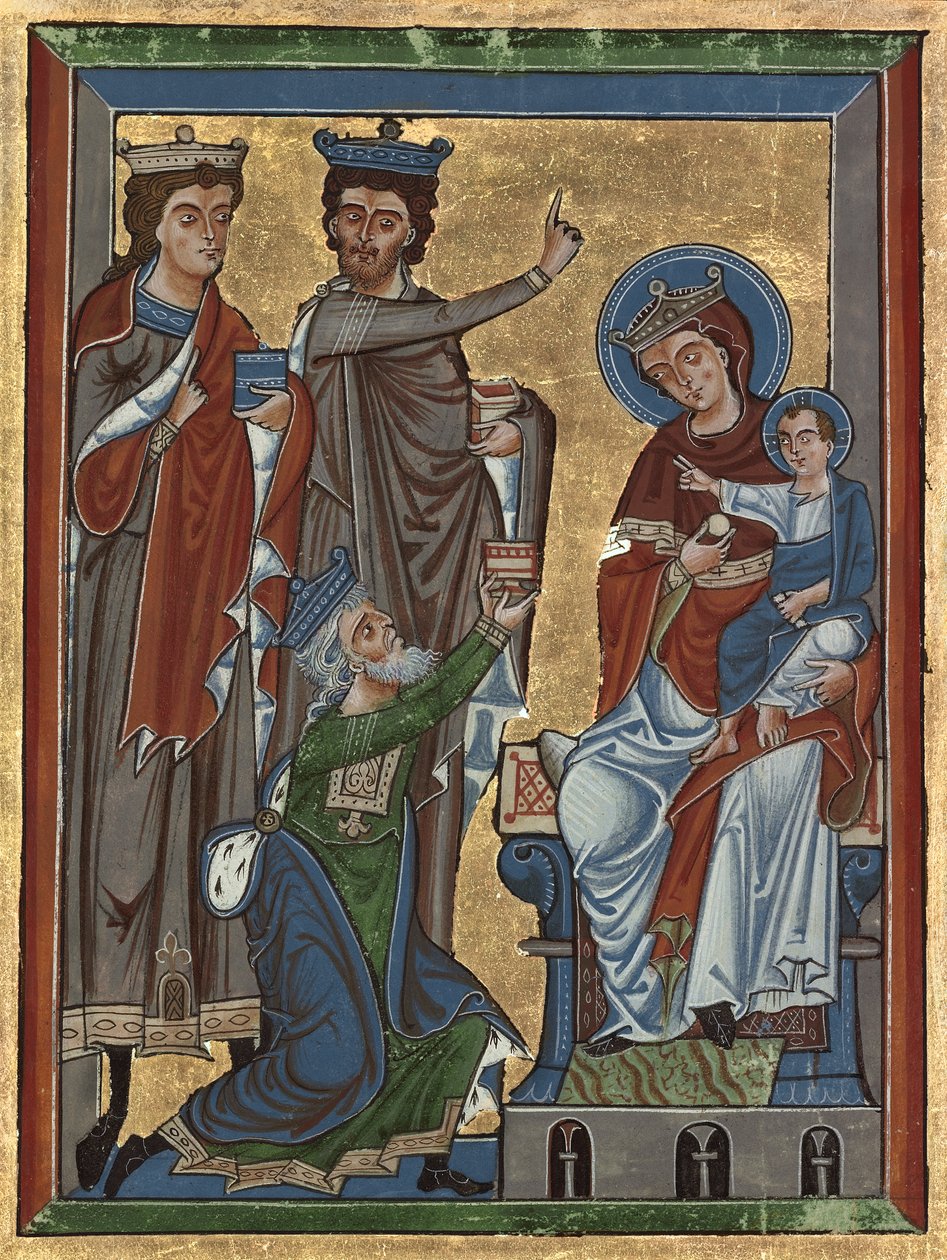 De vise kungarnas tillbedjan från Psalter Ms 4, ca 1240 (tempera, bladguld och bläck på pergament) av German School