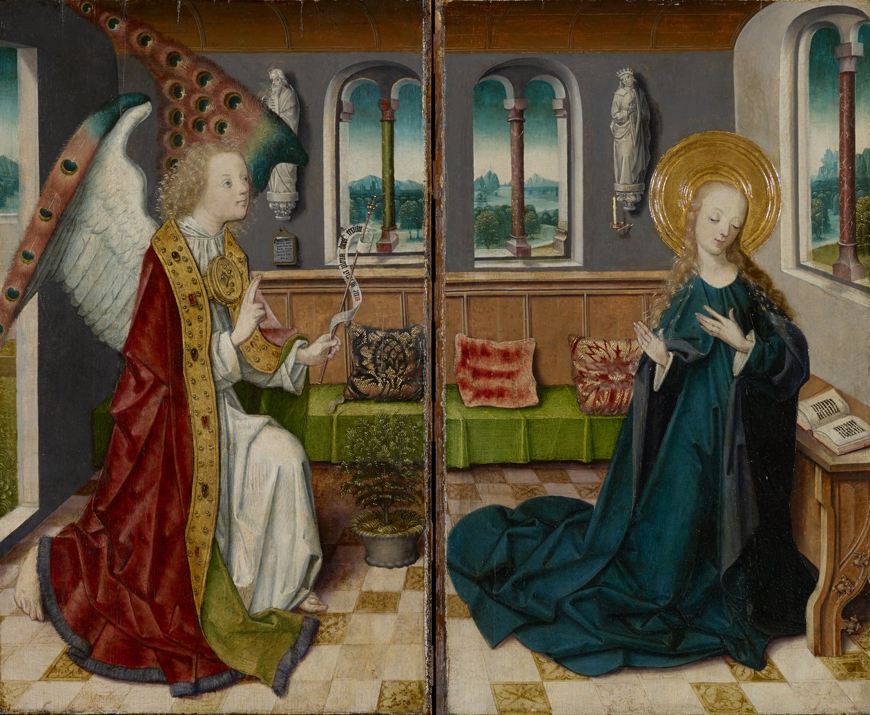 Bebudelsen, 1490 (blandede medier på træ) swed av German School