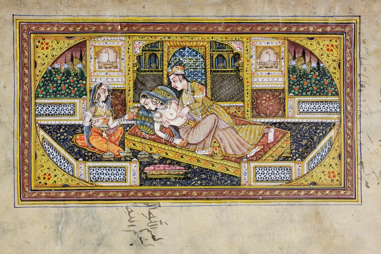 En man uppvaktar en kvinna i en boudoirscen, Rajasthani miniatyrmålning (wc på papper) av Indian School