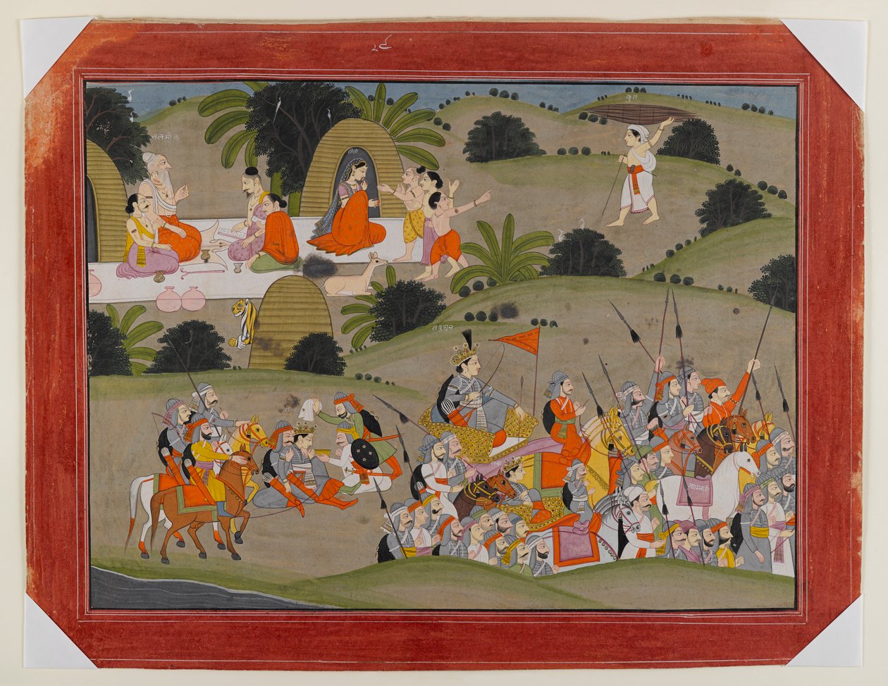 Strid mellan Lava och Ramas bror, Shatrughna, nära eremitaget Valmiki, Page from a Dispersed Ramayana Series, c.1820 (ogenomskinlig wc & guld på papper) av Indian School