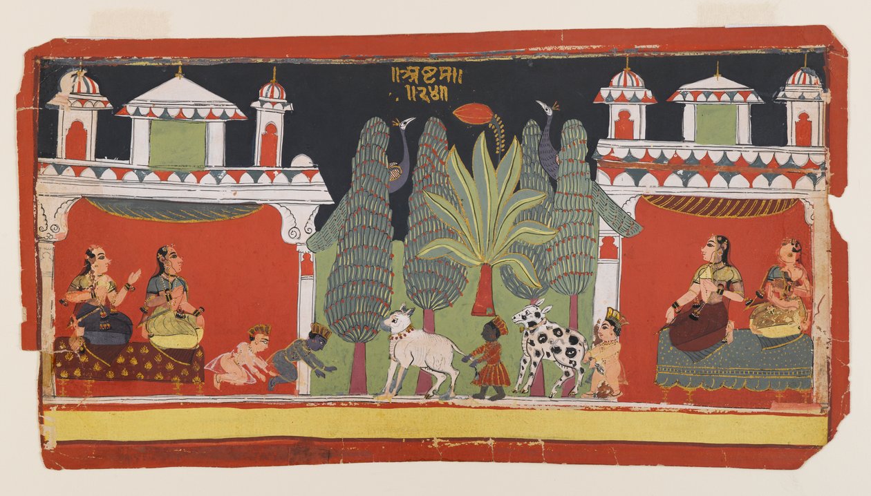 Krishna och Balarama som barn, ca 1690 (ogenomskinlig wc & guld på papper) av Indian School