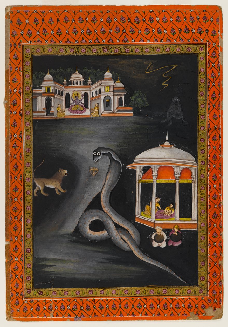 Krishna bar över floden, första hälften av 1800-talet (wc & guld på papper) av Indian School