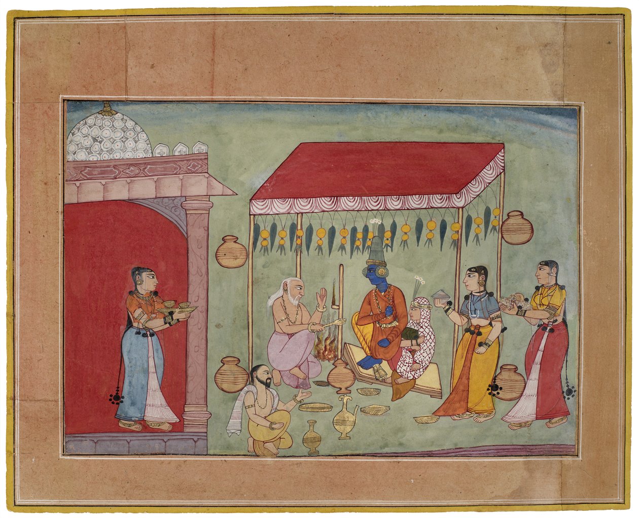 Krishna och Rukminis bröllop, 1590-1600 (gouache med guld på papper) av Indian School