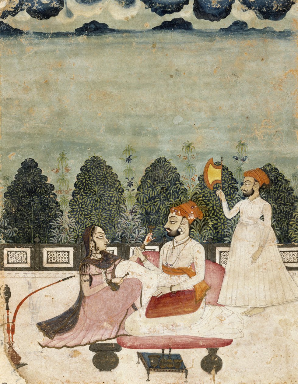 Utan titel (två män och kvinna på terrassen), 1700-tal (tempera på laggt papper) av Indian School