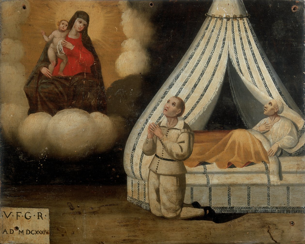 En man i sängen under en sjukdom; till vänster, samma man som ber till Madonna of the Arch om den nåd han fick, Ex-voto, 1603 av Italian School