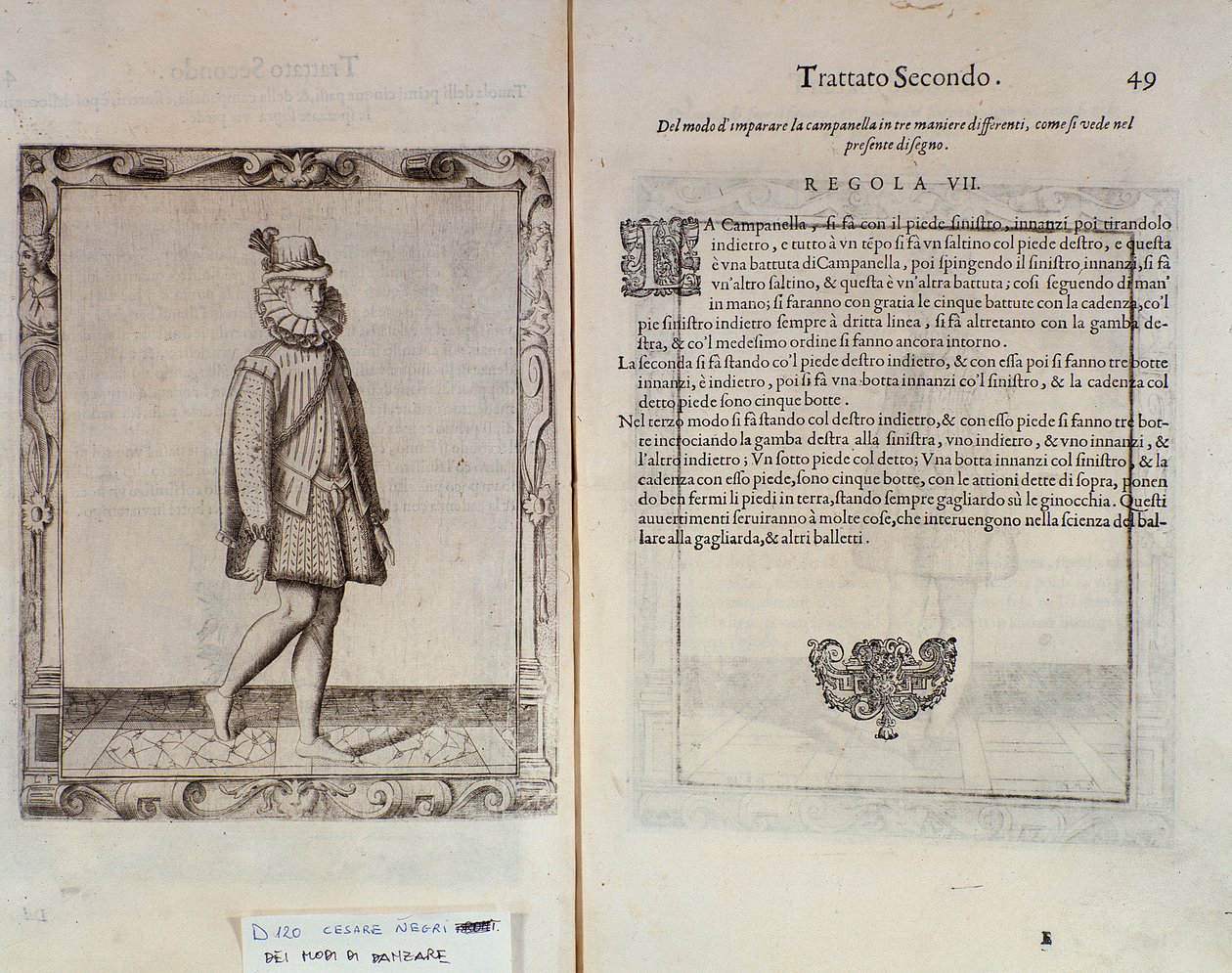 Hur man dansar campanella Dubbelsida av Le Gratie dAmore (Le Grazie dAmore) av den italienska dansaren Cesare Negri kallad Il Trombone (1536-1604), fördrag om dans av Italian School
