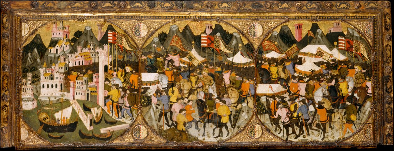 Erobringen af Napoli, 1381-82 (tempera på træ, præget og forgyldt ornament) av Italian School