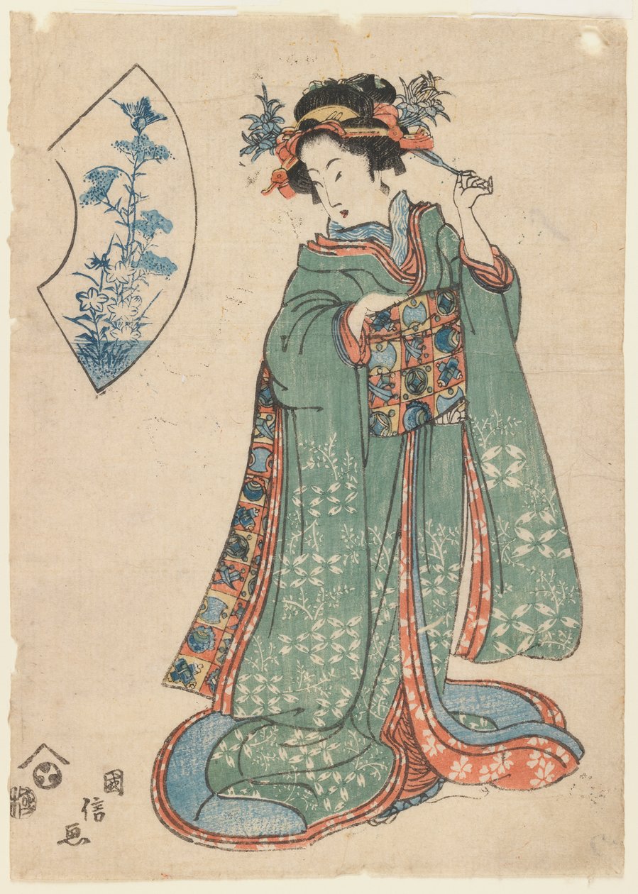 Kuninobu, A Woman Fastening Her Hair Ornament, c.1815-1820 (träblocktryck) av Japanese School