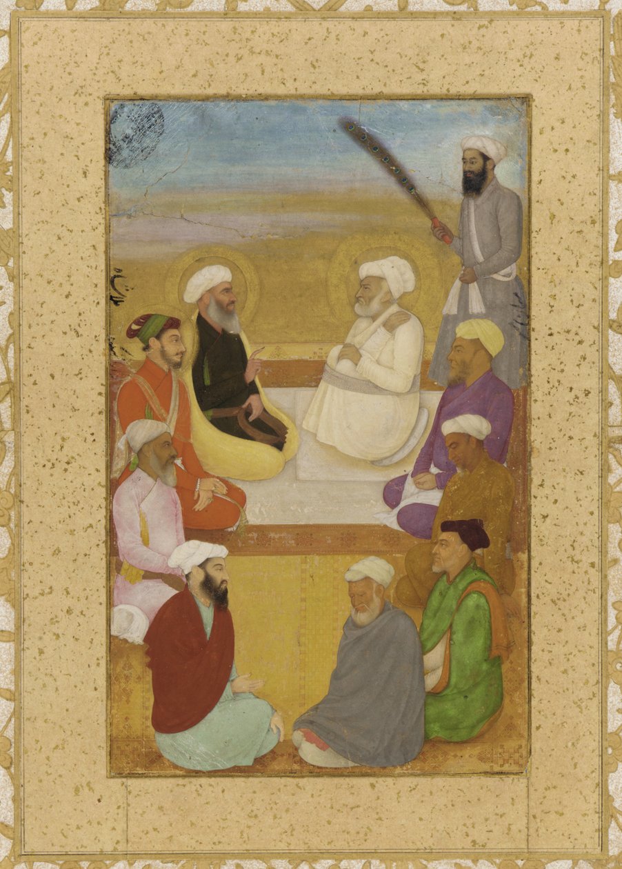 Dara Shikoh med Mian Mir och Mulla Shah, fristående albumfolio med målning, ca 1640 (ogenomskinlig akvarell, bläck och guld på papper monterad på kartong) av Mughal School