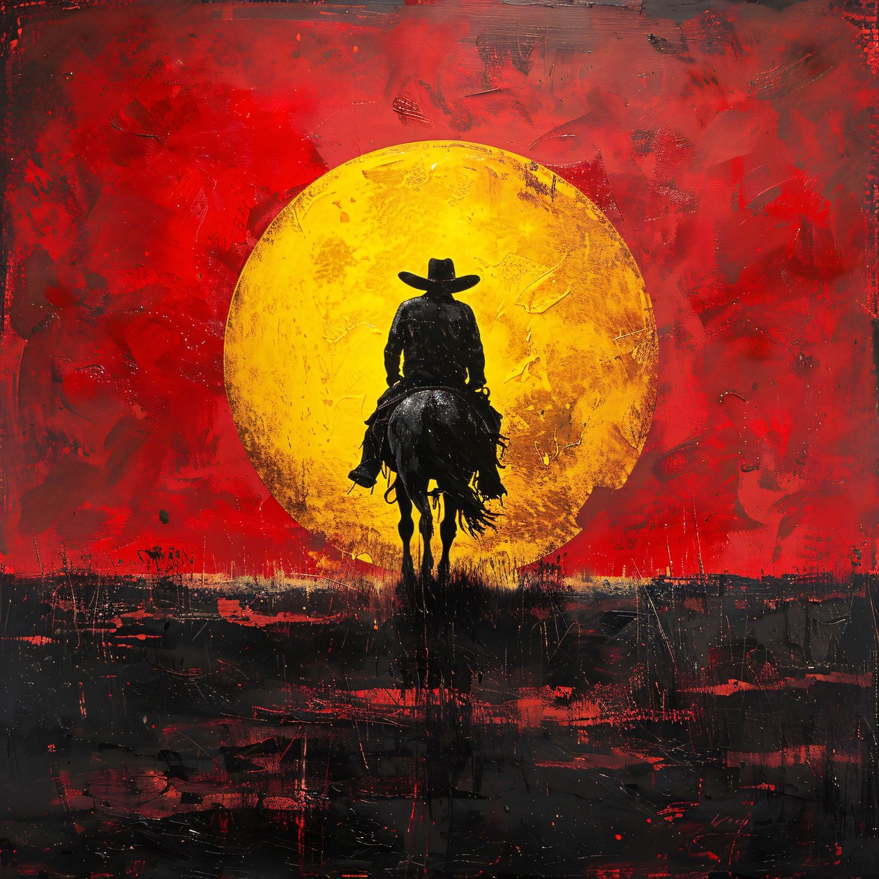 Vintage Western Cowboy and Sunset Tecknad affisch för väggdekor av F. Abderrahim