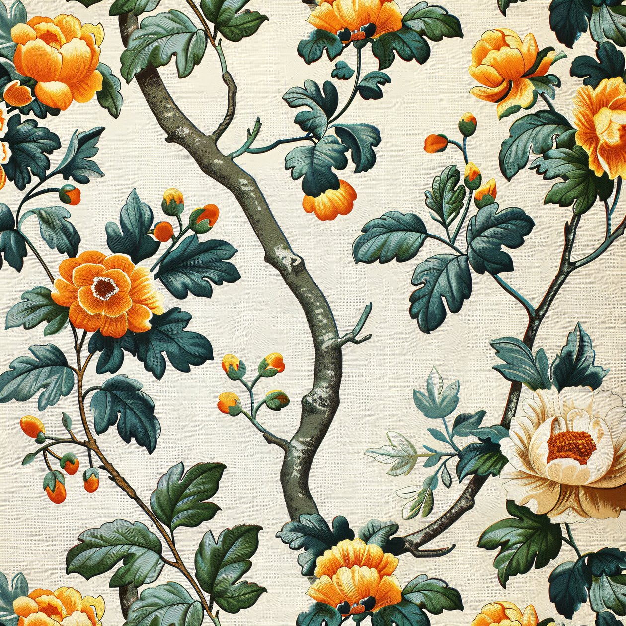 Fotokonst  inredning med tryck : Grönt och orange blommigt blockmönster av F. Abderrahim