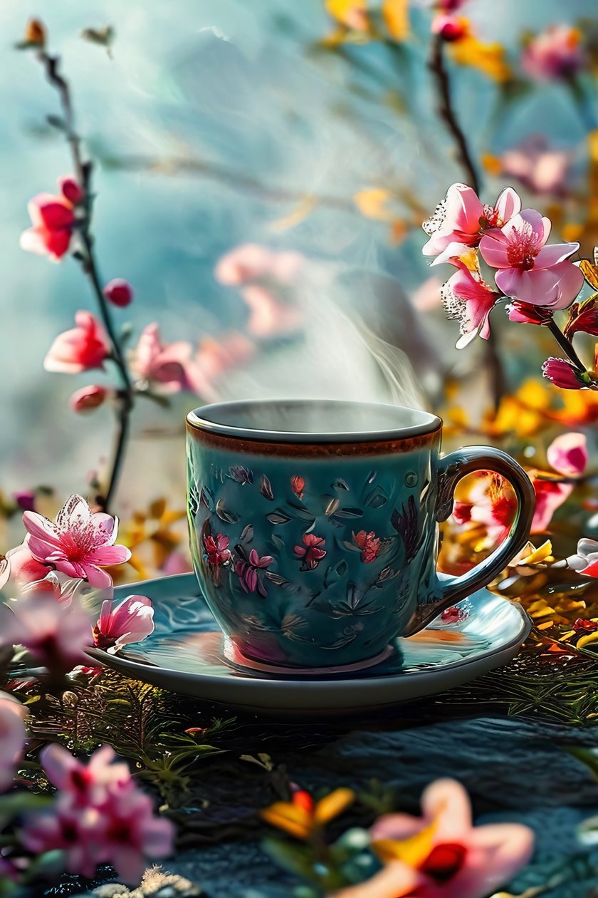 En surrealistisk kaffekopp kantad med blommor för modern väggkonstdekoration av F. Abderrahim