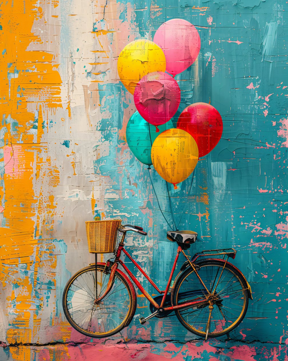 Abstrakt primitiv målning Cykel stiger med ballonger sovrum väggdekor av F. Abderrahim