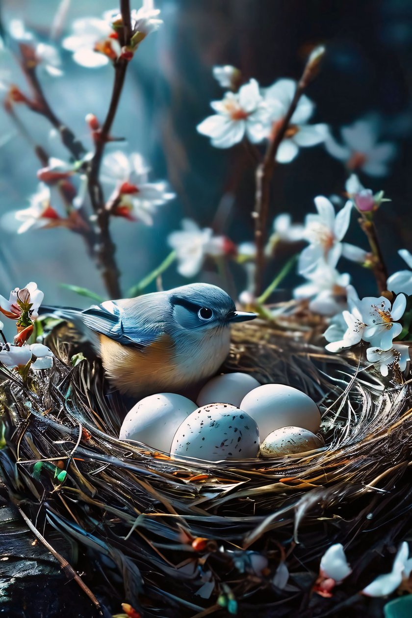 Fågel som ruvar på ägg omgiven av vita blommor för konst poster tryck av F. Abderrahim
