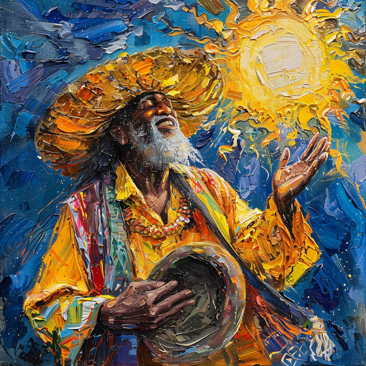 Glad mexikansk man med hatt dansar, van gogh penseldrag stil målning av F. Abderrahim
