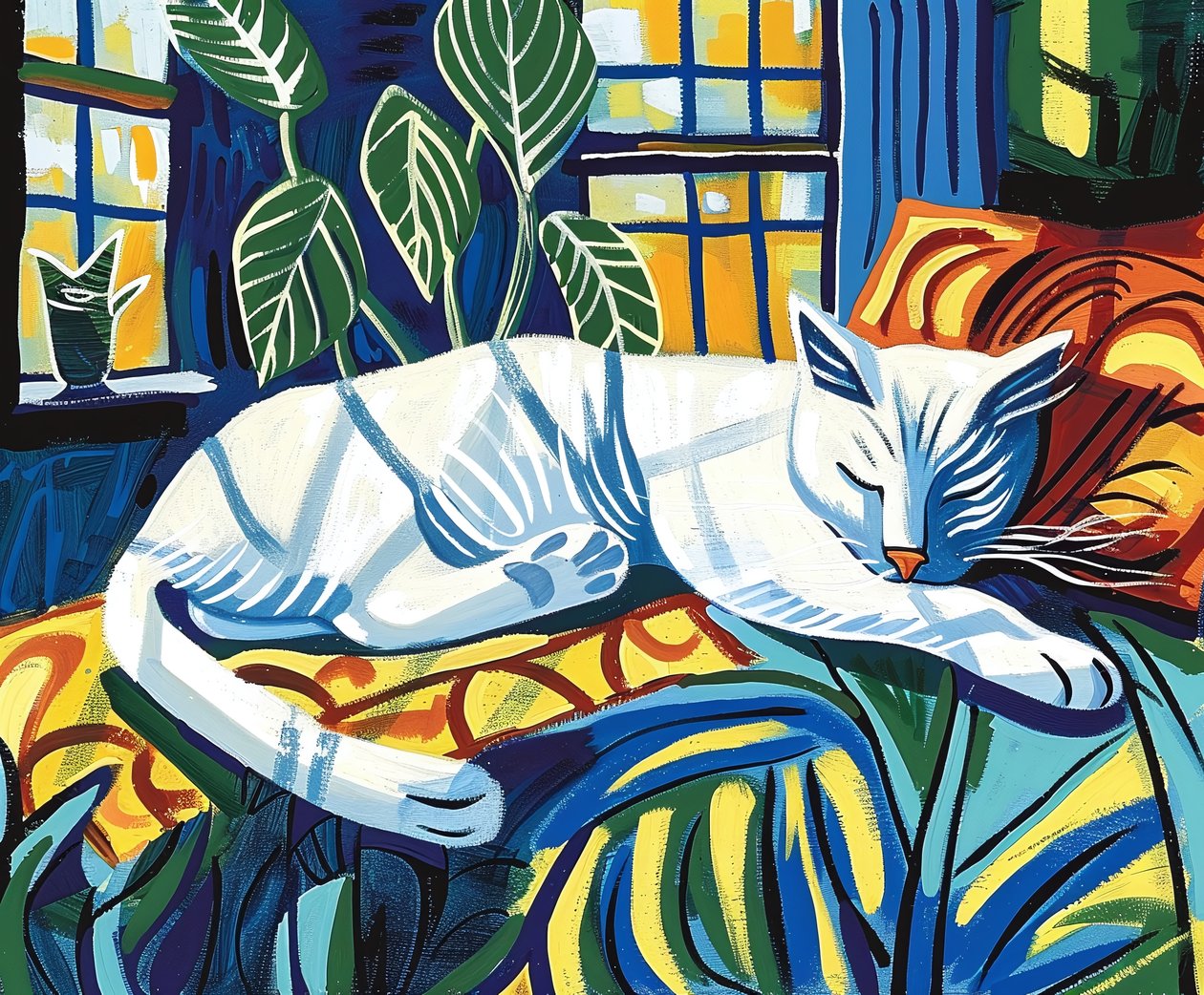 Vit katt som sover i solljuset Matisse | väggdekoration, konsttryck av F. Abderrahim