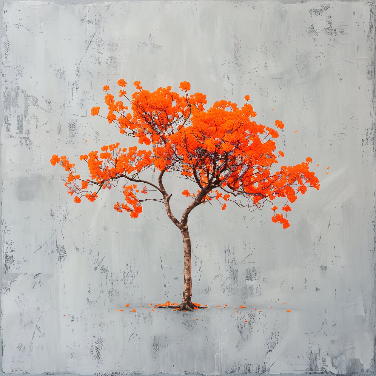Minimalistisk målning: Orange blad  grå bakgrund; väggkonsttryck av F. Abderrahim
