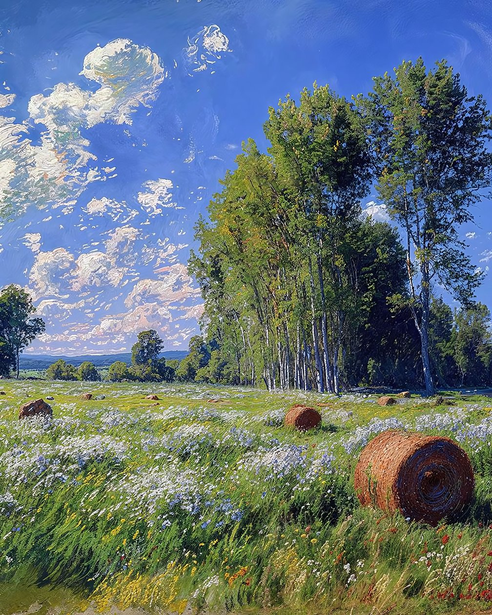 Vetefält och blommor i vårlandskap, väggkonst dekor  canvas tryck av F. Abderrahim
