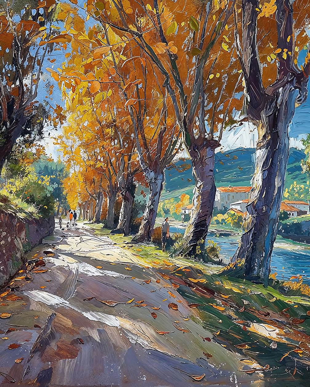 Lantlig vandringsväg genom skogen, impressionistiskt landskap av F. Abderrahim