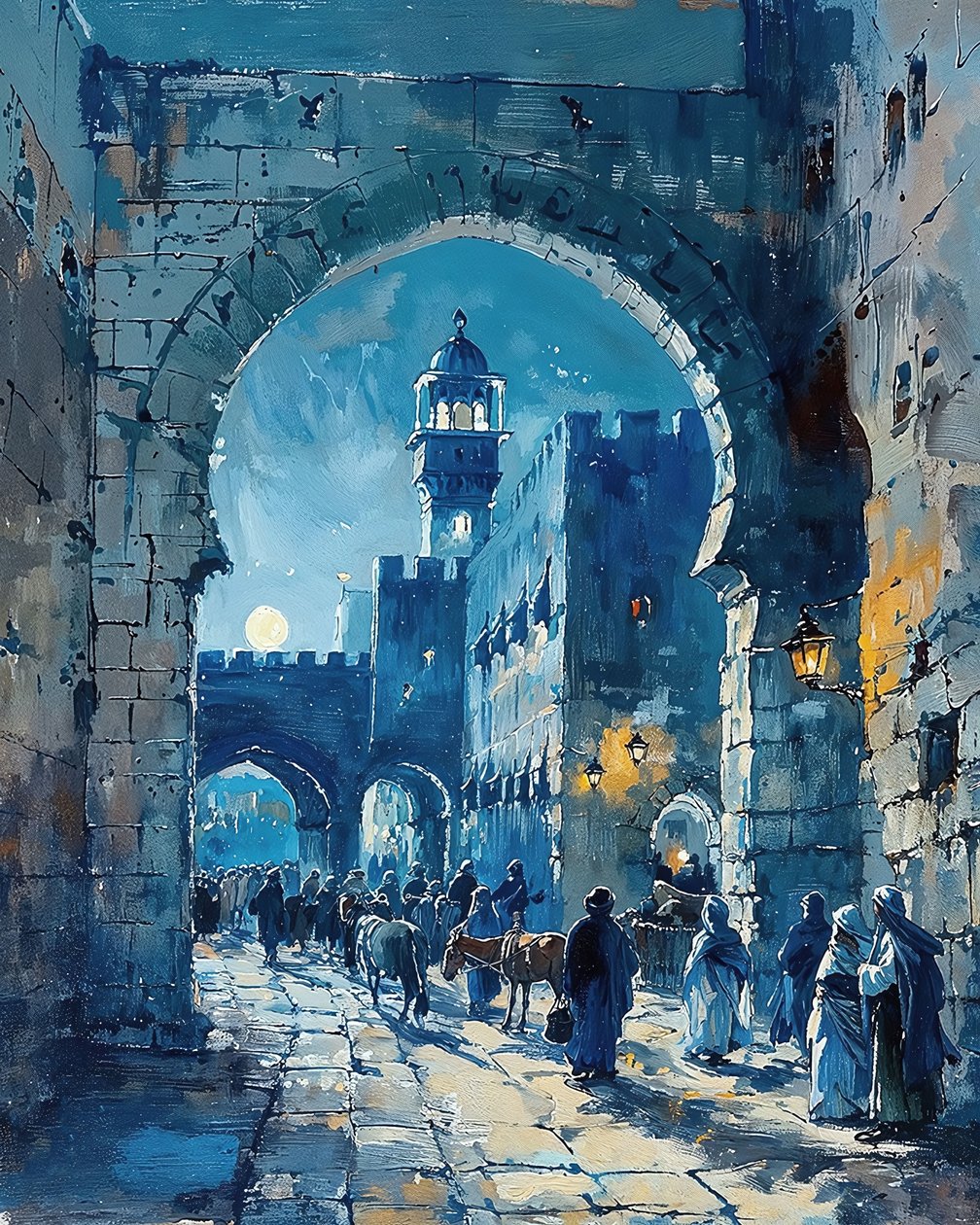 En arabisk stadsport och en medeltida marknad, Damaskus canvas tryck av F. Abderrahim