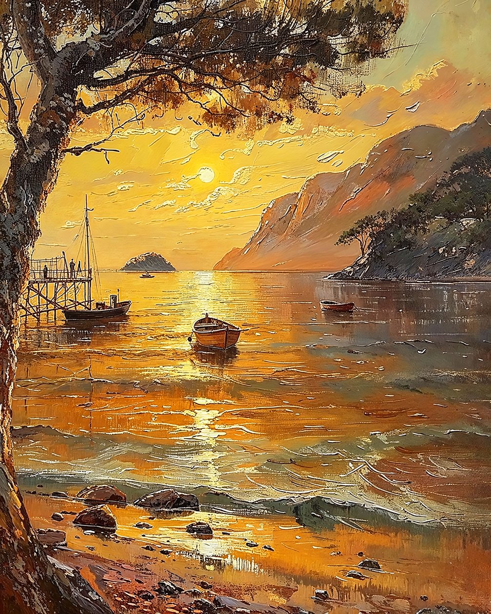 Strand och båtar, solnedgång på kvällen, Wall Decor till salu av F. Abderrahim