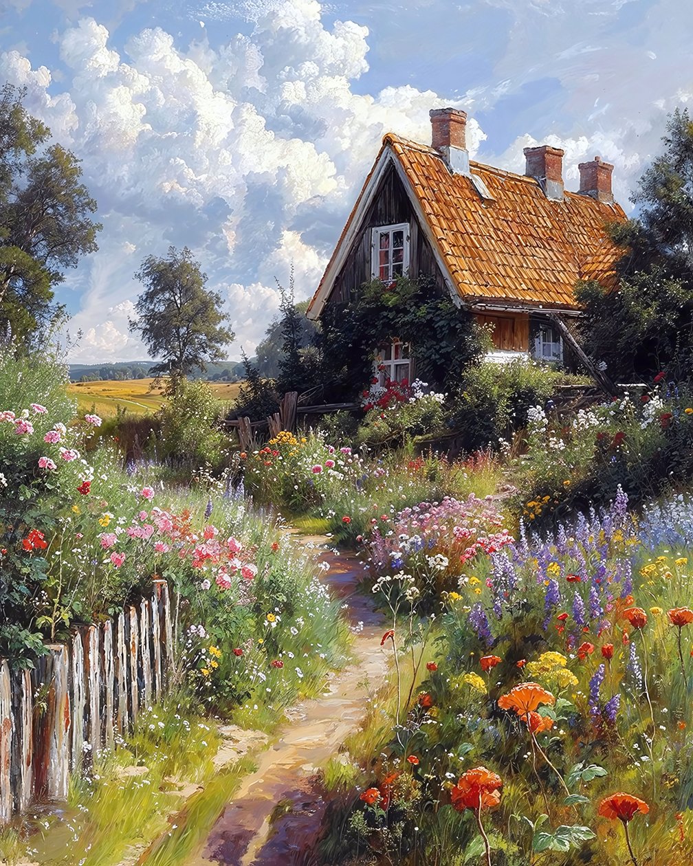 Vackert hus, blomsterträdgård, botaniskt landskap, canvas-tryck av F. Abderrahim