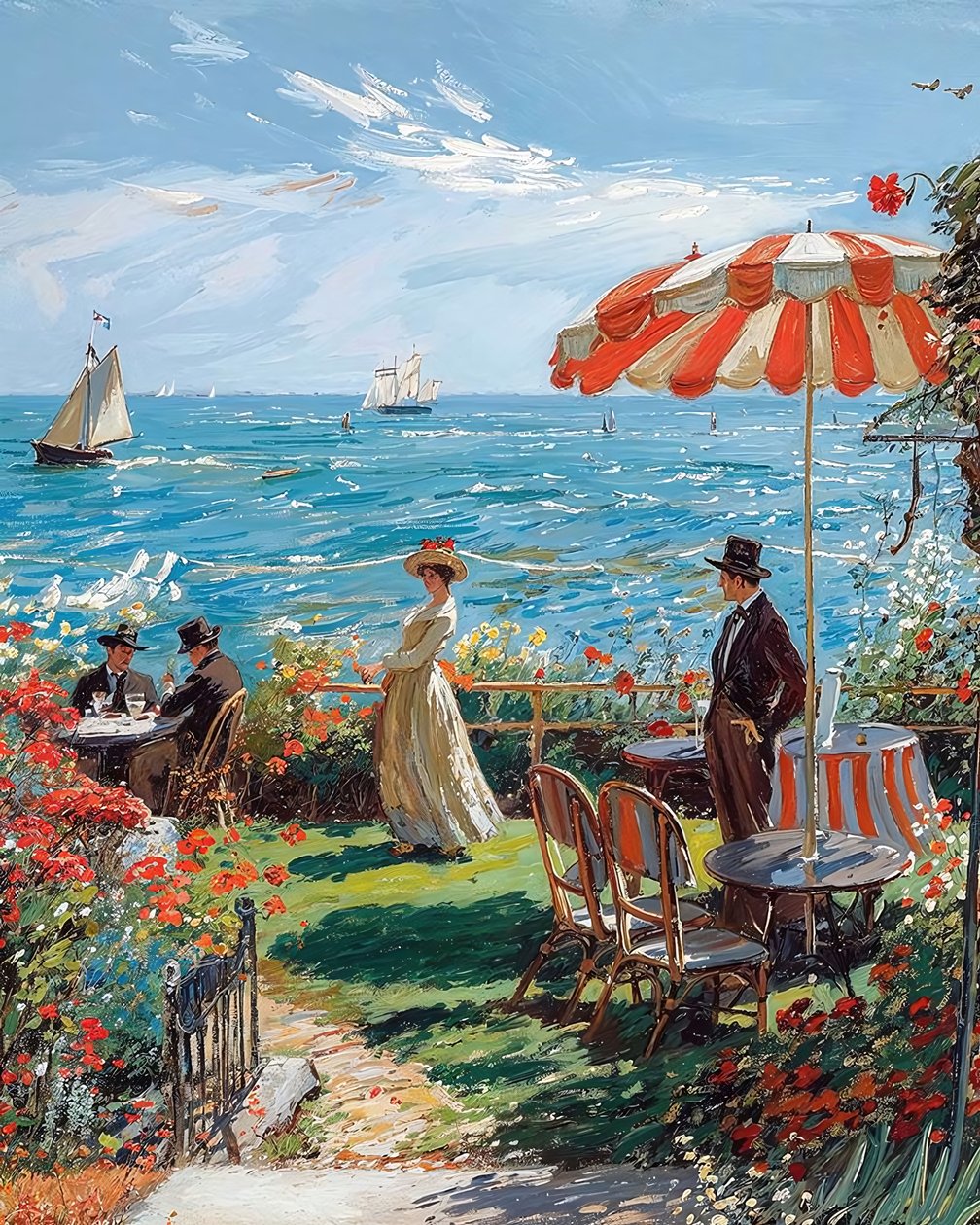 Kafé med havsutsikt, teckning från 1920-talet, canvas online av F. Abderrahim