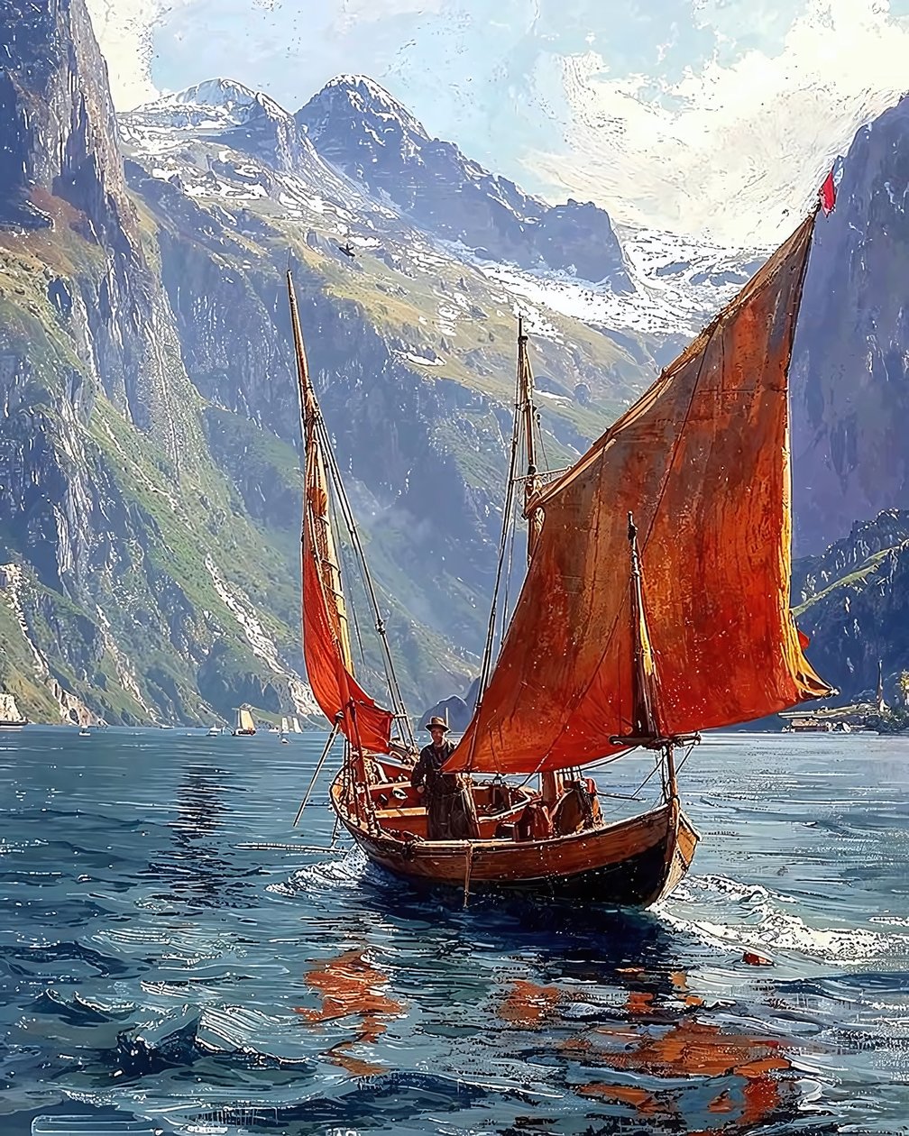 En segelbåt i en dal mellan bergen, Inramad väggdekor av F. Abderrahim