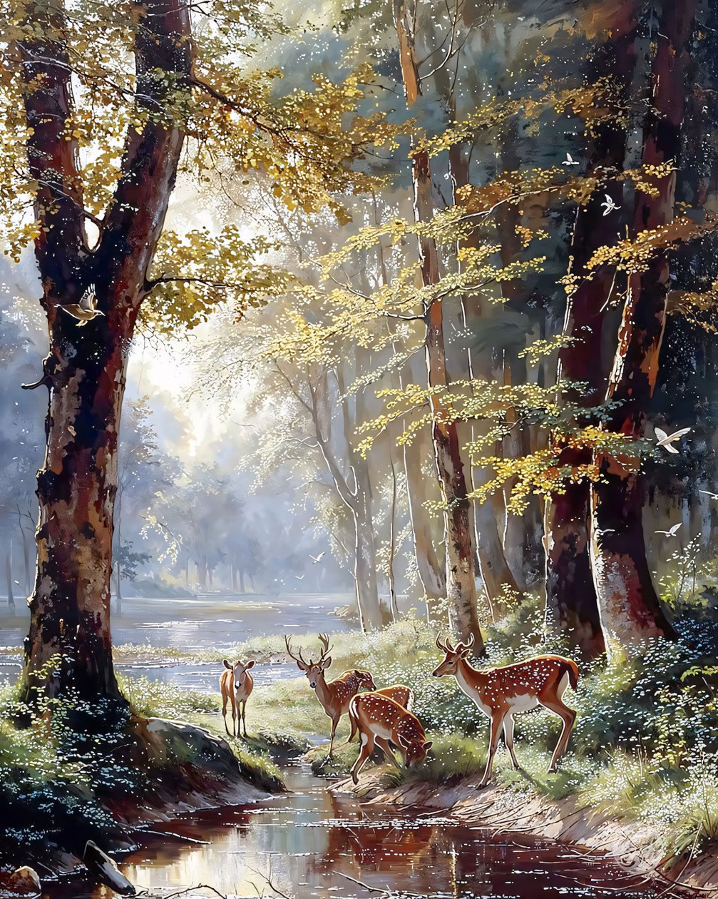 En hjort bland träden som dricker vatten från en sjö, olja canvas tryck av F. Abderrahim
