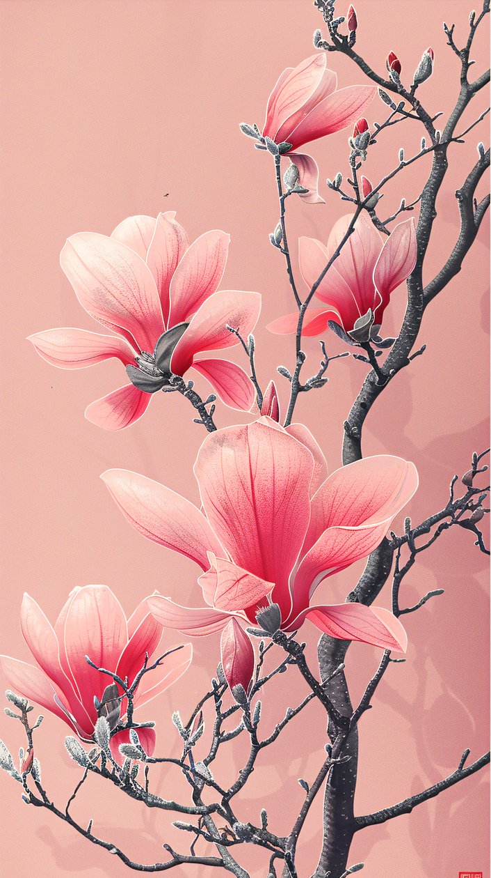 Digital målning av asiatiska rosa blommor affisch för sovrum väggdekor av F. Abderrahim