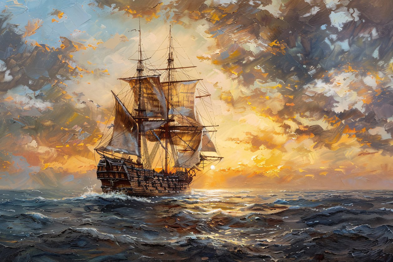 Oljemålning Piratskepp i havet vid solnedgången, inramad väggdekor av F. Abderrahim