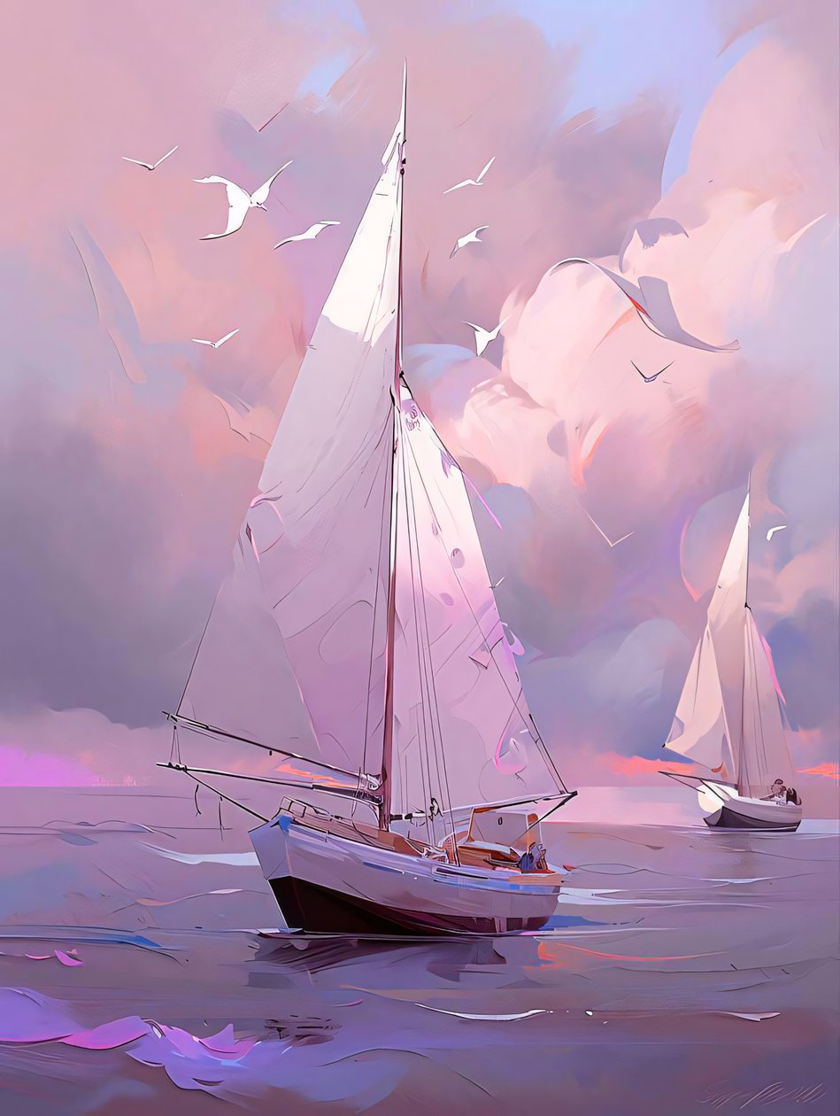 Segelbåt på en vit och blå bakgrund, Canvas  inramad väggdekor av F. Abderrahim