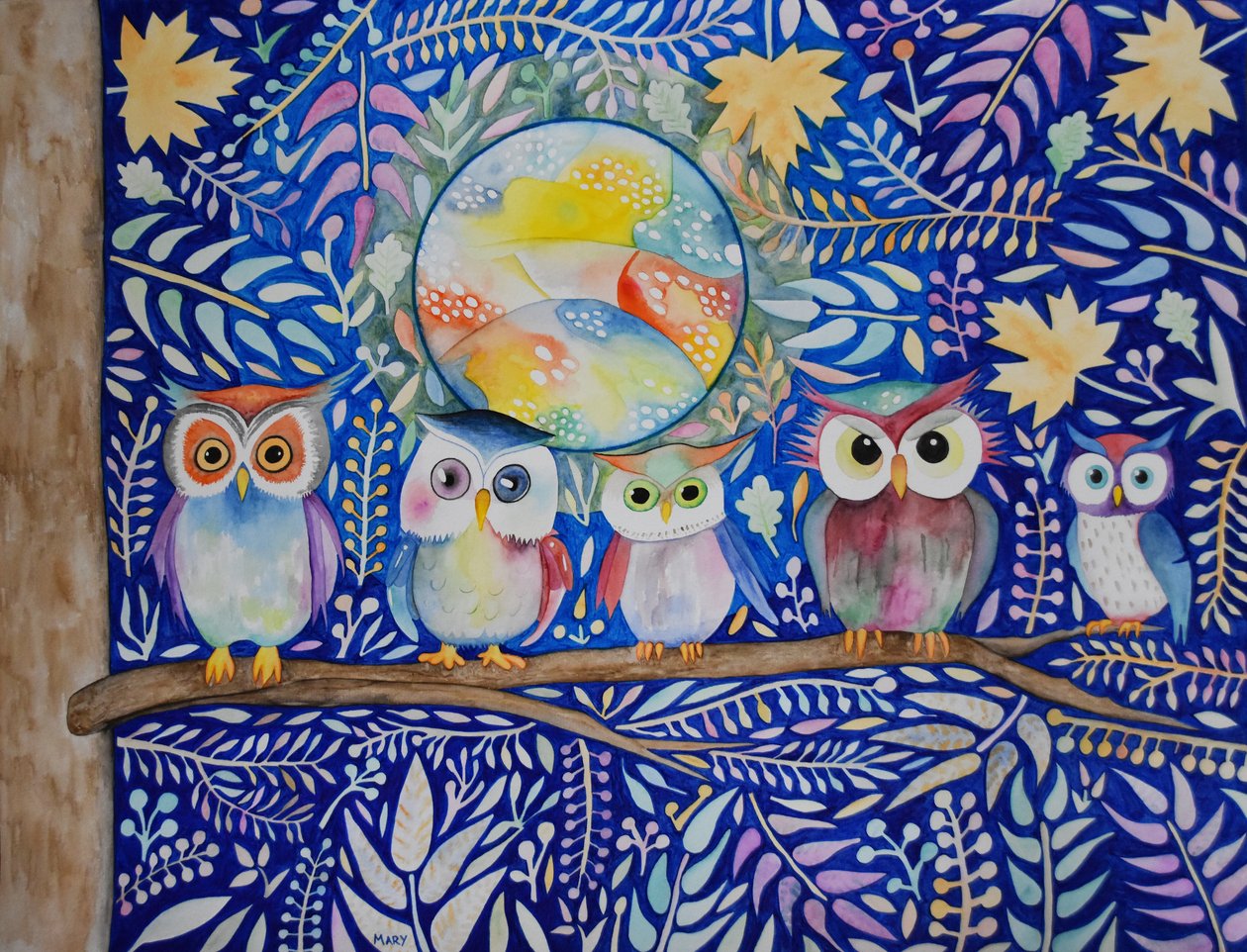 Ugglor på natten av Marys Watercolors
