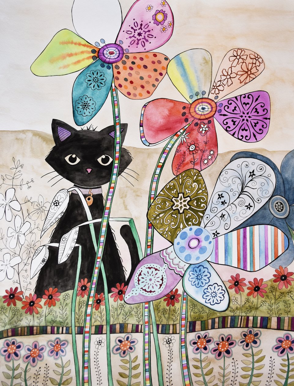 Katt bakom blommor av Marys Watercolors